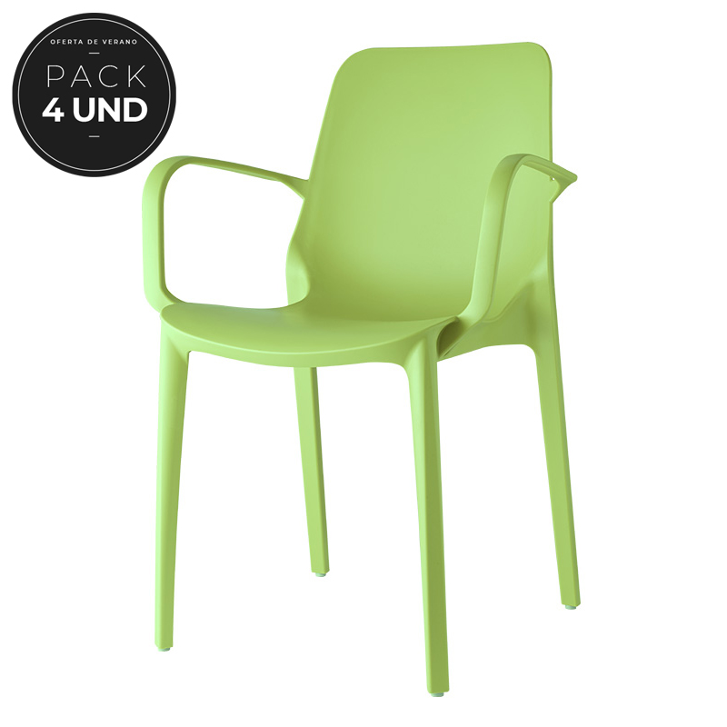Pack 4 Sillas de jardín apilable Ginevra con reposabrazos Verde