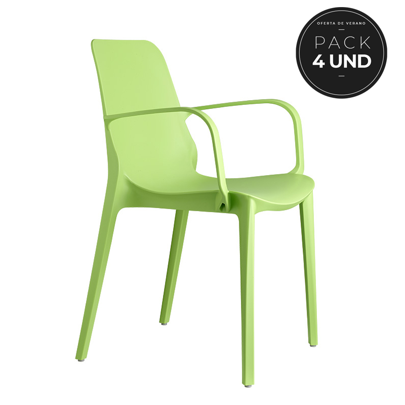 Pack 4 Sillas de jardín apilable Ginevra con reposabrazos Verde